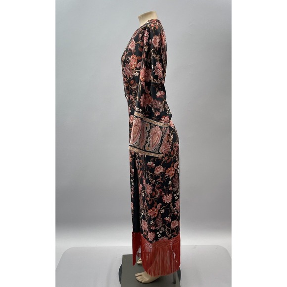 Mango MNG Floral Fringe Maxi Kimono Dress Bell Sleeve Black Red Women's Size 6 - Picture 13 of 16